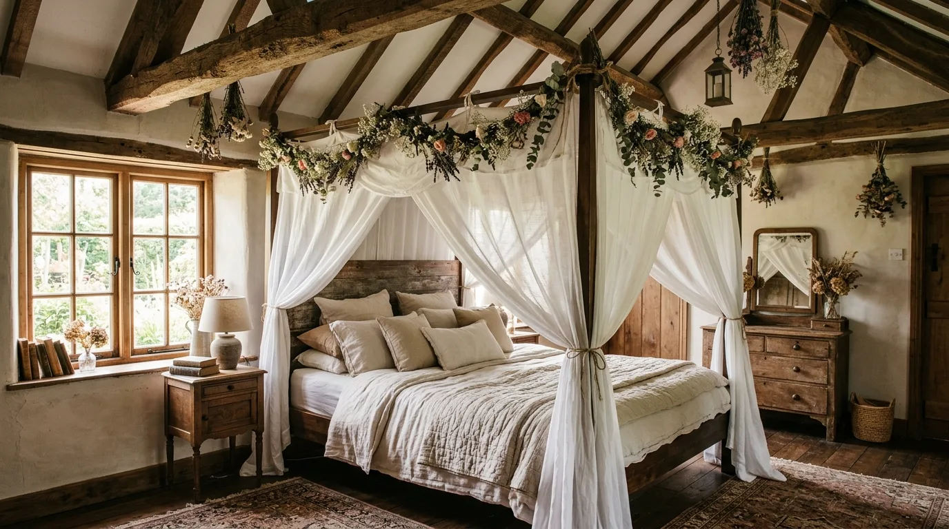 Paint the room in warm gentle tones inspiration for a cottagecore bedroom.